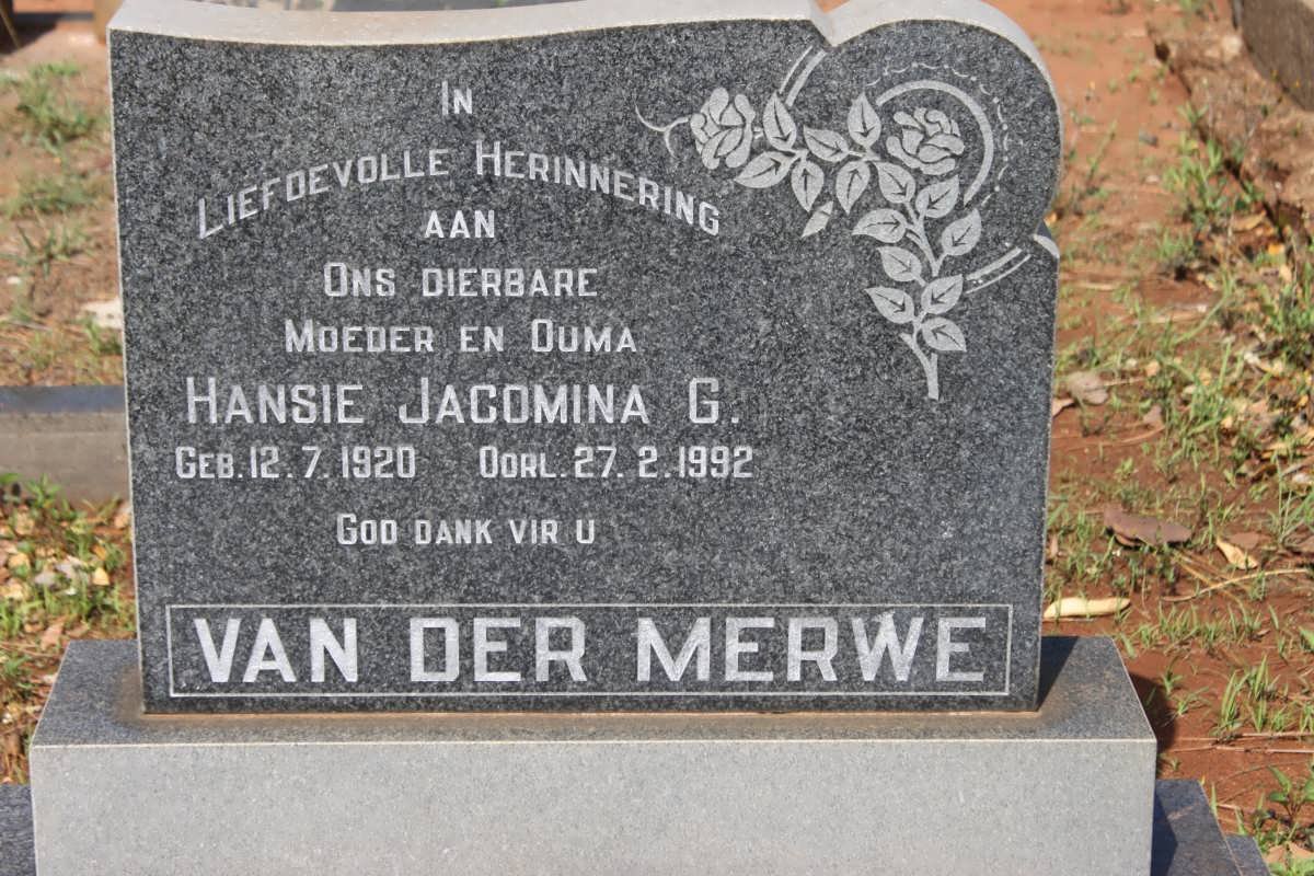 MERWE Hansie Jacomina G., van der 1920-1992