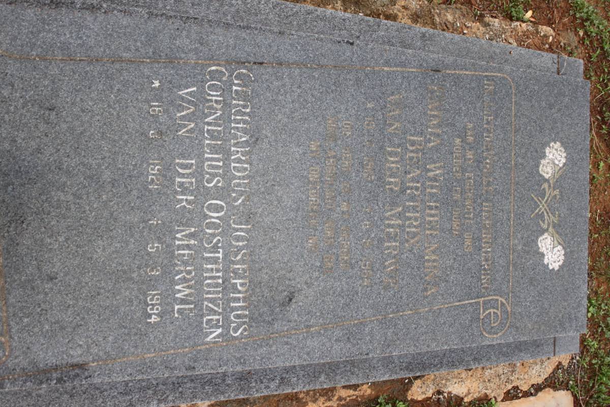 MERWE Gerhardus Josephus Cornelius Oosthuizen, van der 1921-1994 &amp; Emma Wilhelmina Beatrix 19??-19??