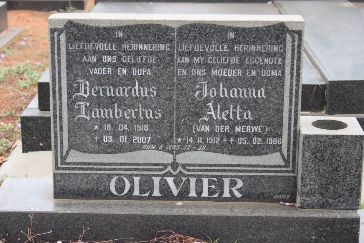 OLIVIER Bernardus Lambertus 1918-2007 &amp; Johanna Aletta VAN DER MERWE 1912-1986