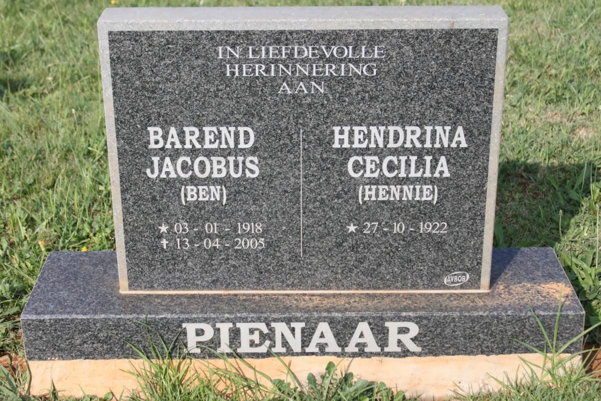 PIENAAR Barend Jacobus 1918-2005 &amp; Hendrina Cecilia 1922-