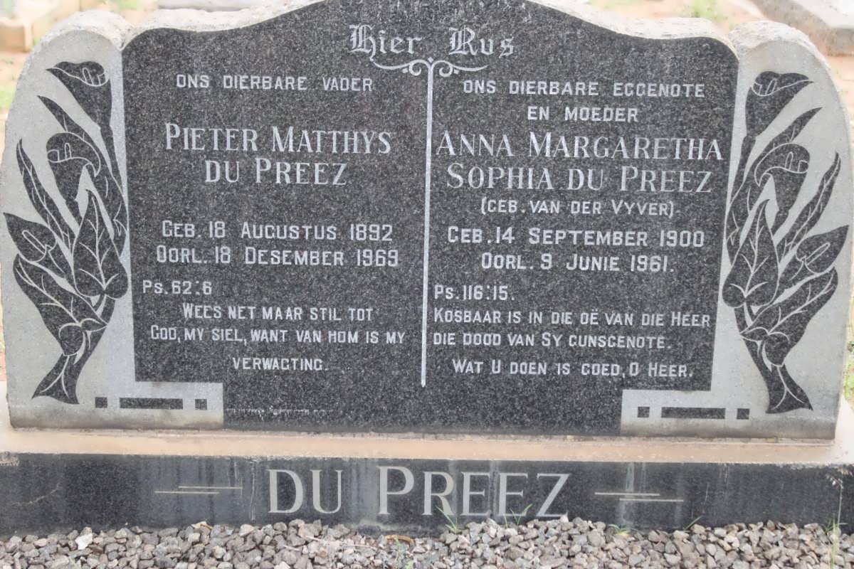 PREEZ Pieter Matthys, du 1892-1969 &amp; Anna Margaretha Sophia VAN DER VYVER 1900-1961