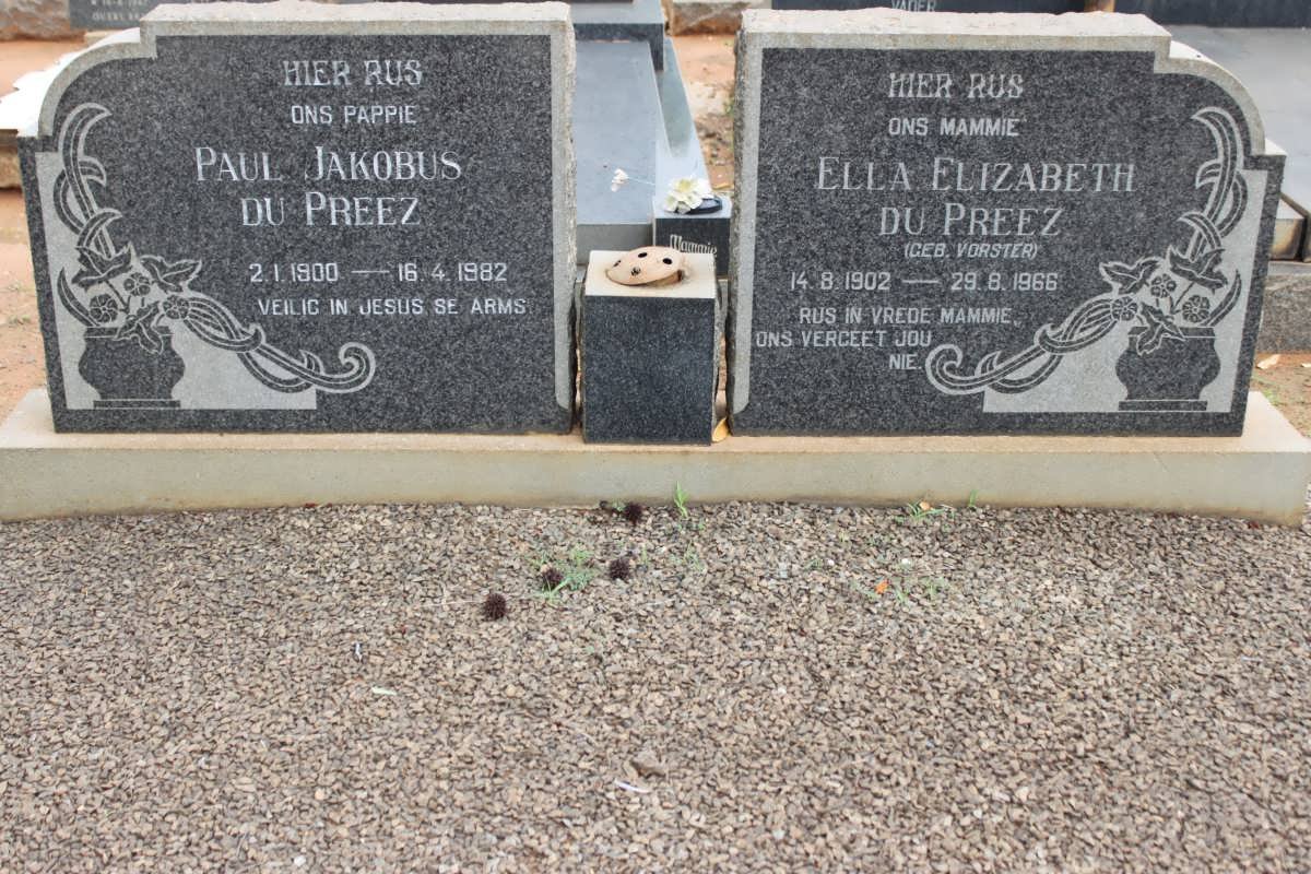 PREEZ Paul Jakobus, du 1900-1982 &amp; Ella Elizabeth VORSTER 1902-1966