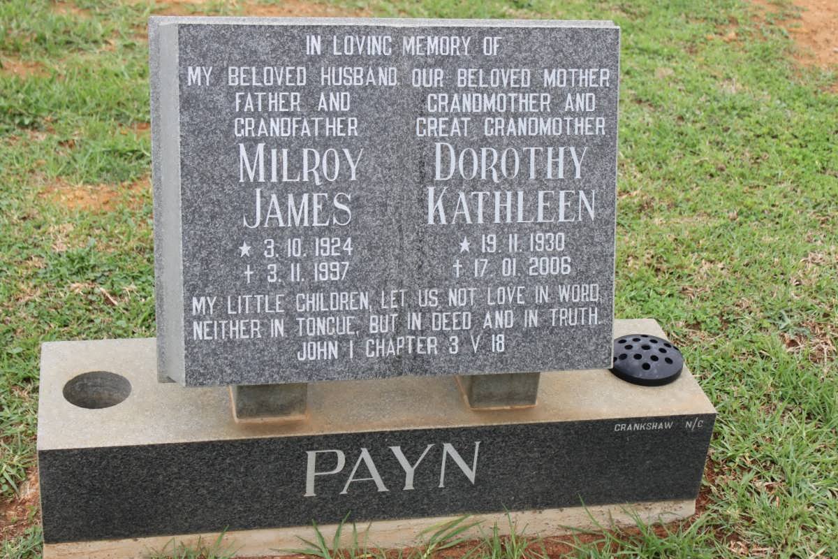 PAYN Milroy James 1924-1997 &amp; Dorothy Kathleen 1930-2006