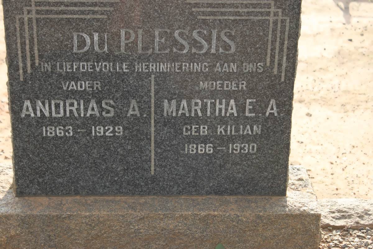 PLESSIS Andrias A ., du 1863-1929 &amp; Martha E.A. KILLIAN 1866-1930