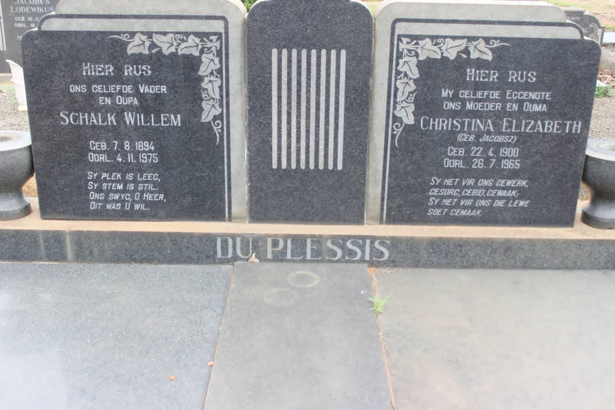PLESSIS Schalk Willem, du 1894-1975 &amp; Christina Elizabeth 1900-1985