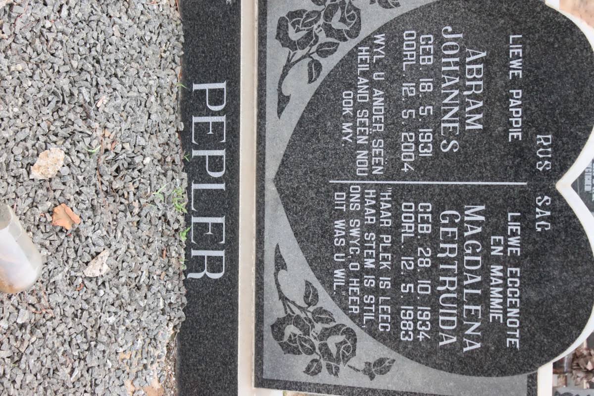 PEPLER Abram Johannes 1931-2004 &amp; Magdalena Gertruida 1934-1983
