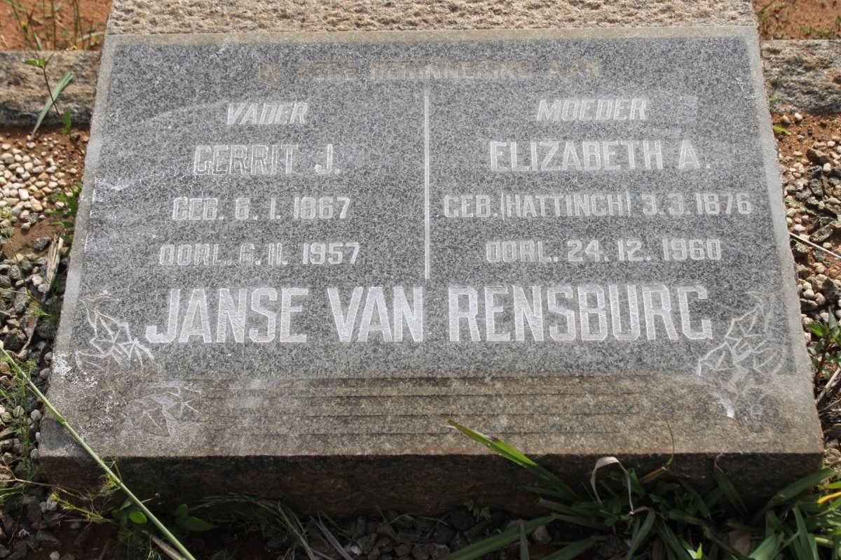 RENSBURG Gerrit J., Janse van 1867-1957 &amp; Elizabeth A. HATTINGH 1876-1960