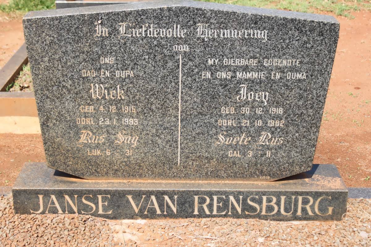 RENSBURG Wick, Janse van 1915-1993 &amp; Joey 1918-1982