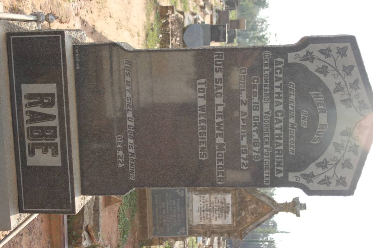 RABE Agatha Catharina, formerly POTGIETER nee LOMBARD 1879-1972