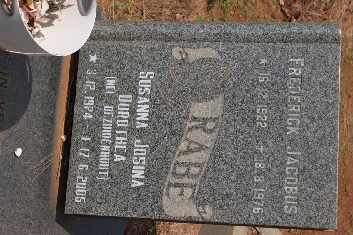 RABE Frederick Jacobus 1922-1976 &amp; Susanna Josina Dorothea BEZUIDENHOUT 1924-2005