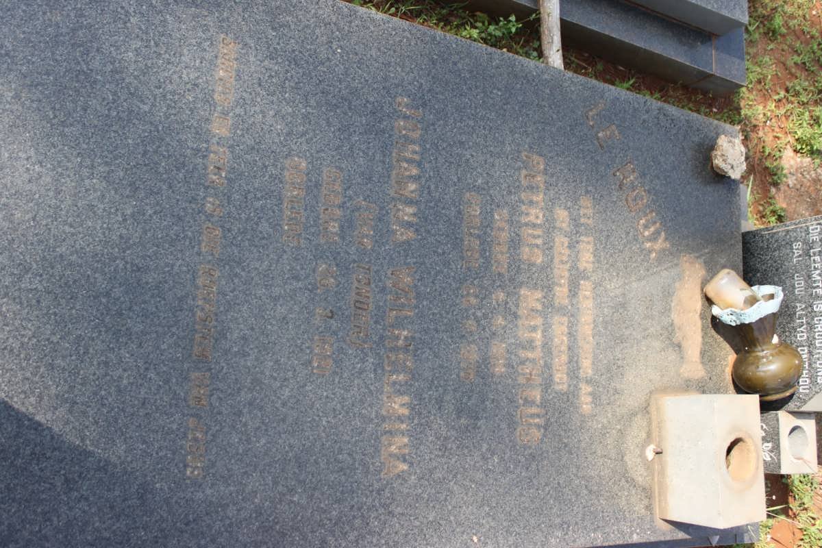 ROUX Petrus Mattheus, le  &amp; Johanna Wilhelmina 
