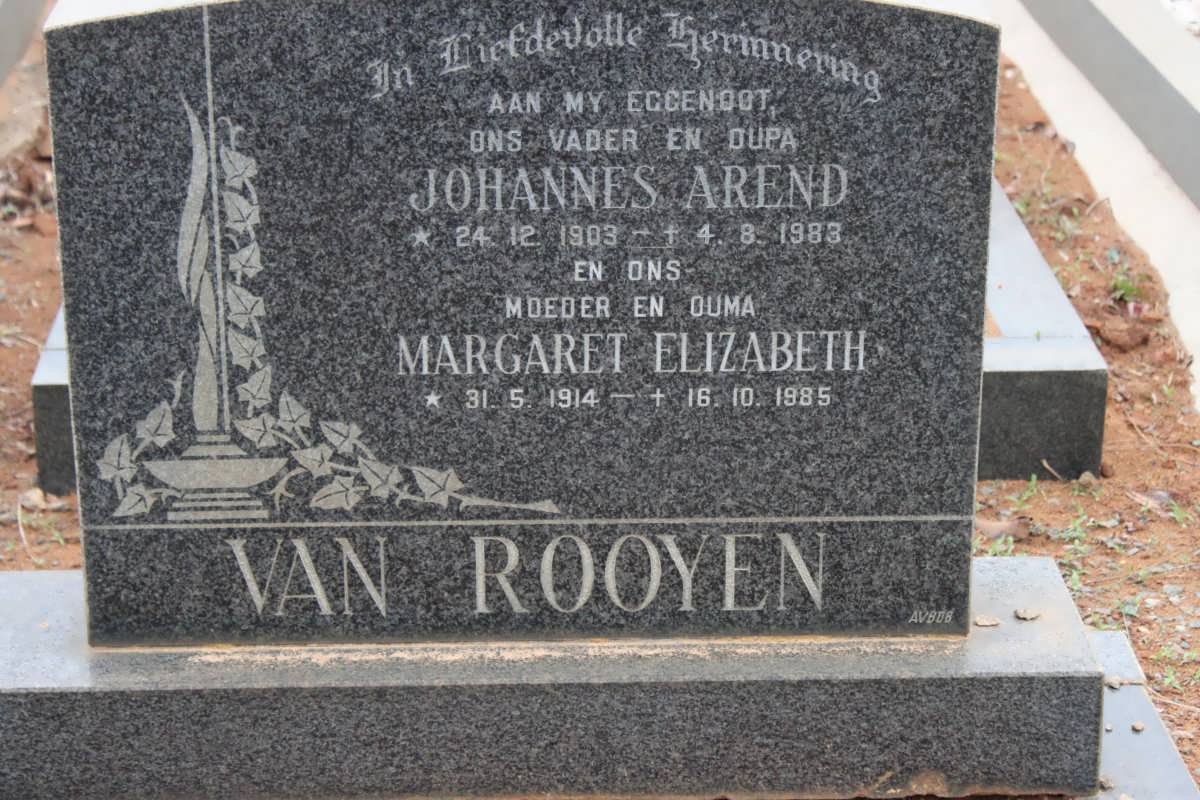 ROOYEN Johannes Arend, van 1903-1983 &amp; Margaret Elizabeth 1914-1985