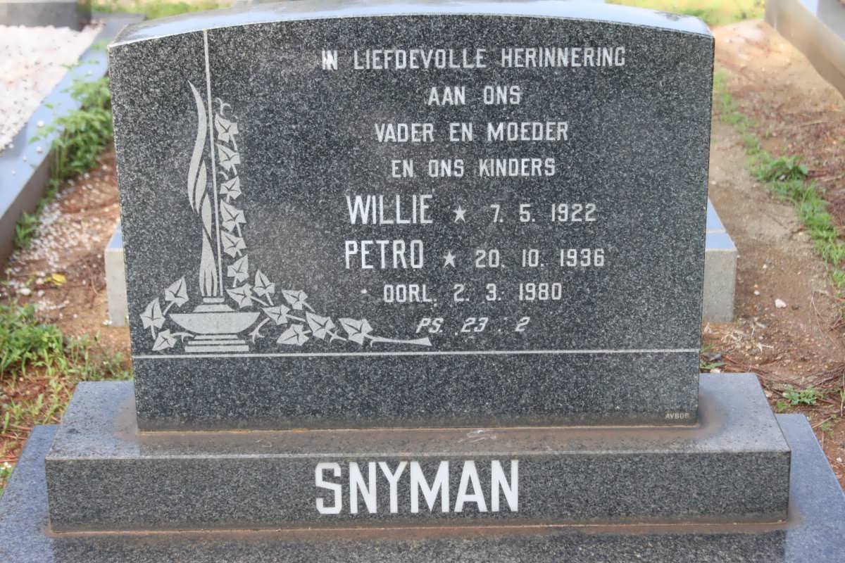 SNYMAN Willie 1922-1980 &amp; Petro 1936-1980
