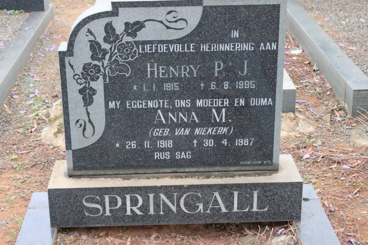 SPRINGALL Henry P.J. 1915-1995 &amp; Anna M. VAN NIEKERK 1918-1987