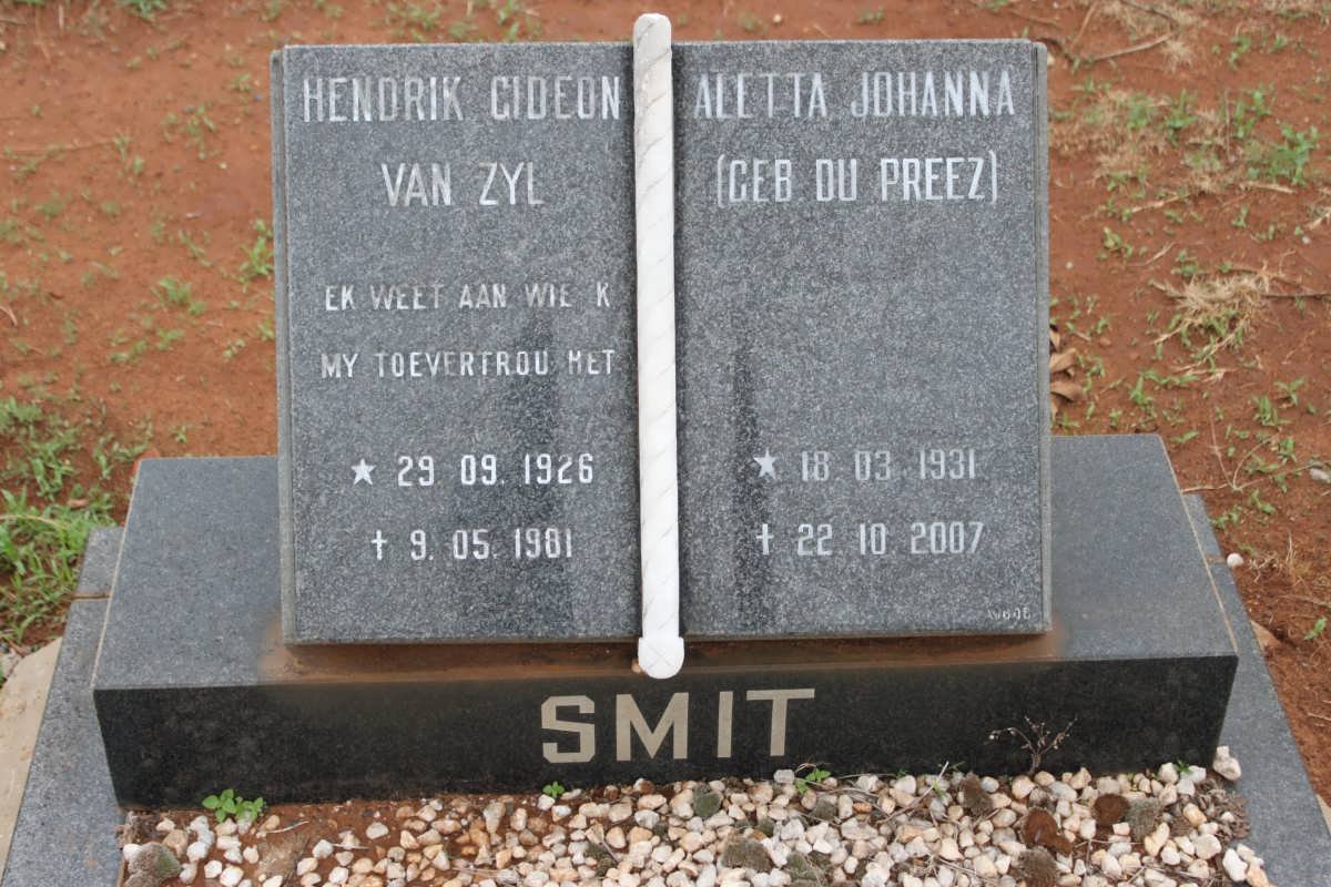 SMIT Hendrik Gideon Van Zyl 1926-1981 &amp; Aletta Johanna DU PREEZ 1931-2007
