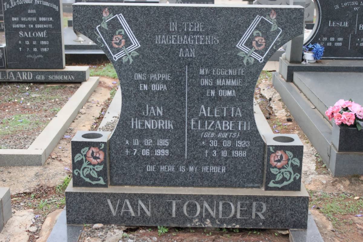 TONDER Jan Hendrik, van 1915-1999 &amp; Aletta Elizabeth ROETS 1923-1988