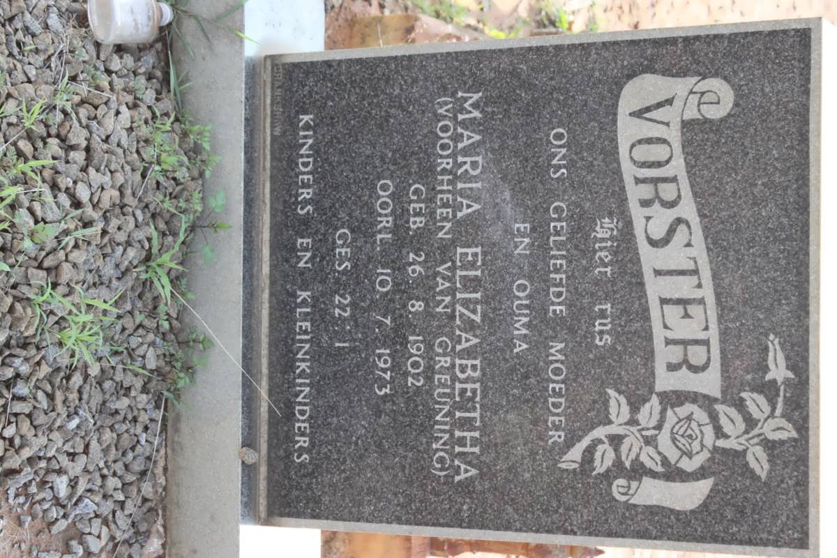 VORSTER Maria Elizabetha formerly VAN GREUNING 1902-1973