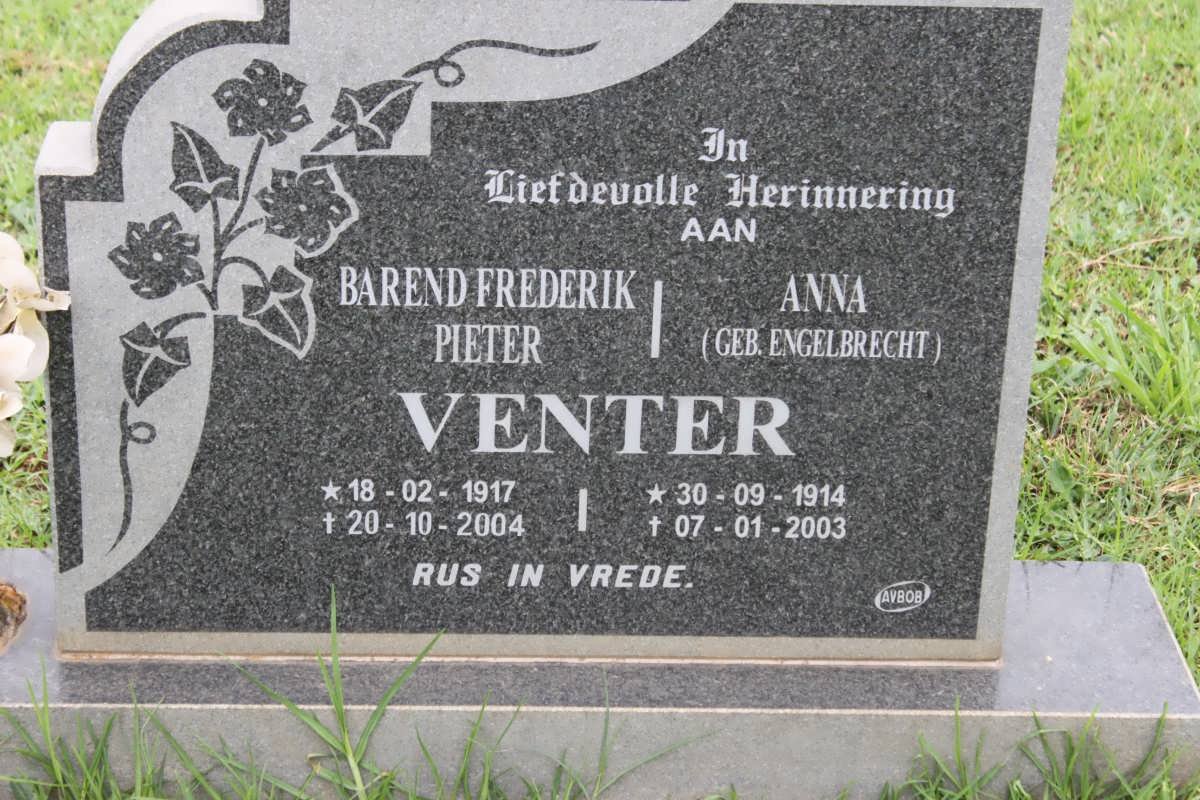VENTER Barend Frederik Pieter 1917-2004 &amp; Anna ENGELBRECHT 1914-2003