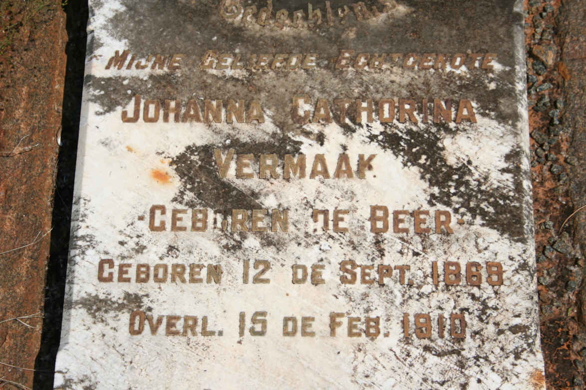 VERMAAK Johanna Cathorina nee DE BEER 1869-1910