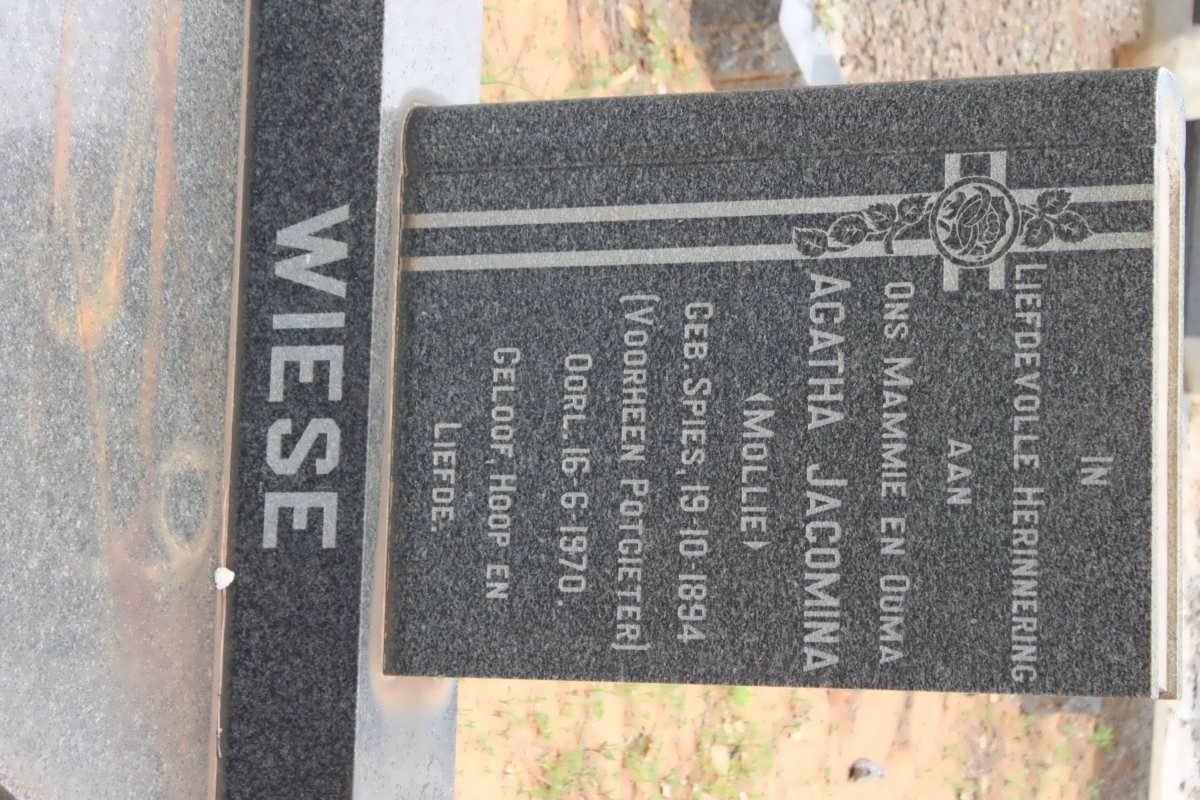 WIESE Agatha Jacomina voorheen POTGIETER nee SPIES 1894-1970