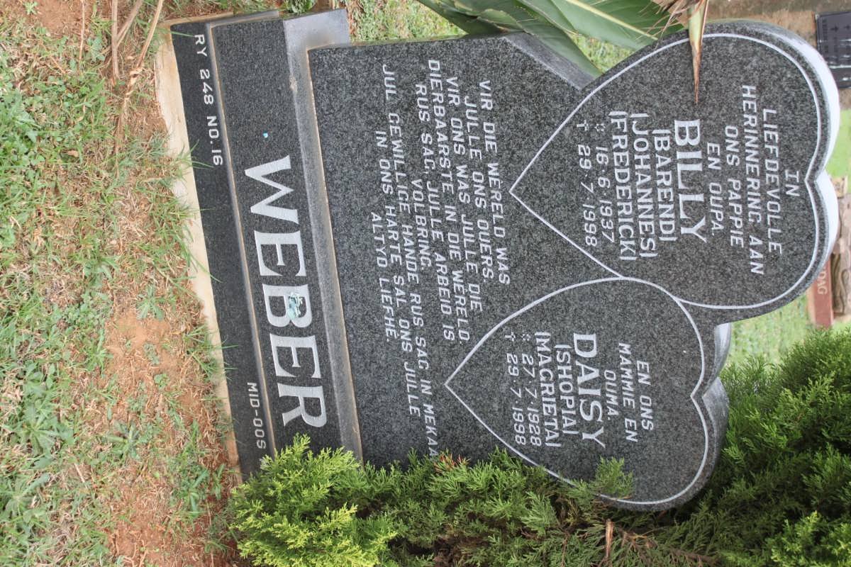 WEBER Barend Johannes Frederick 1937-1998 &amp; Shopia Magrieta 1928-1998