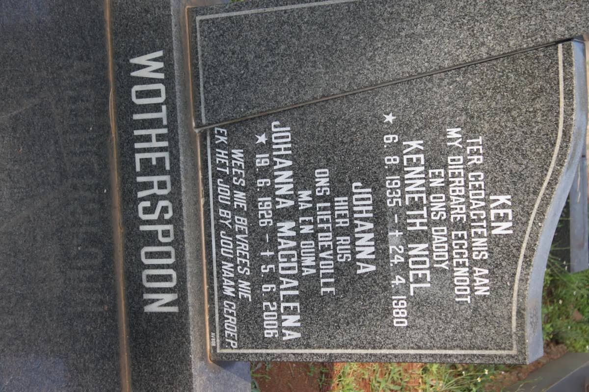 WOTHERSPOON Kenneth Noel 1935-1980 &amp; Johanna Magdalena 1926-2006