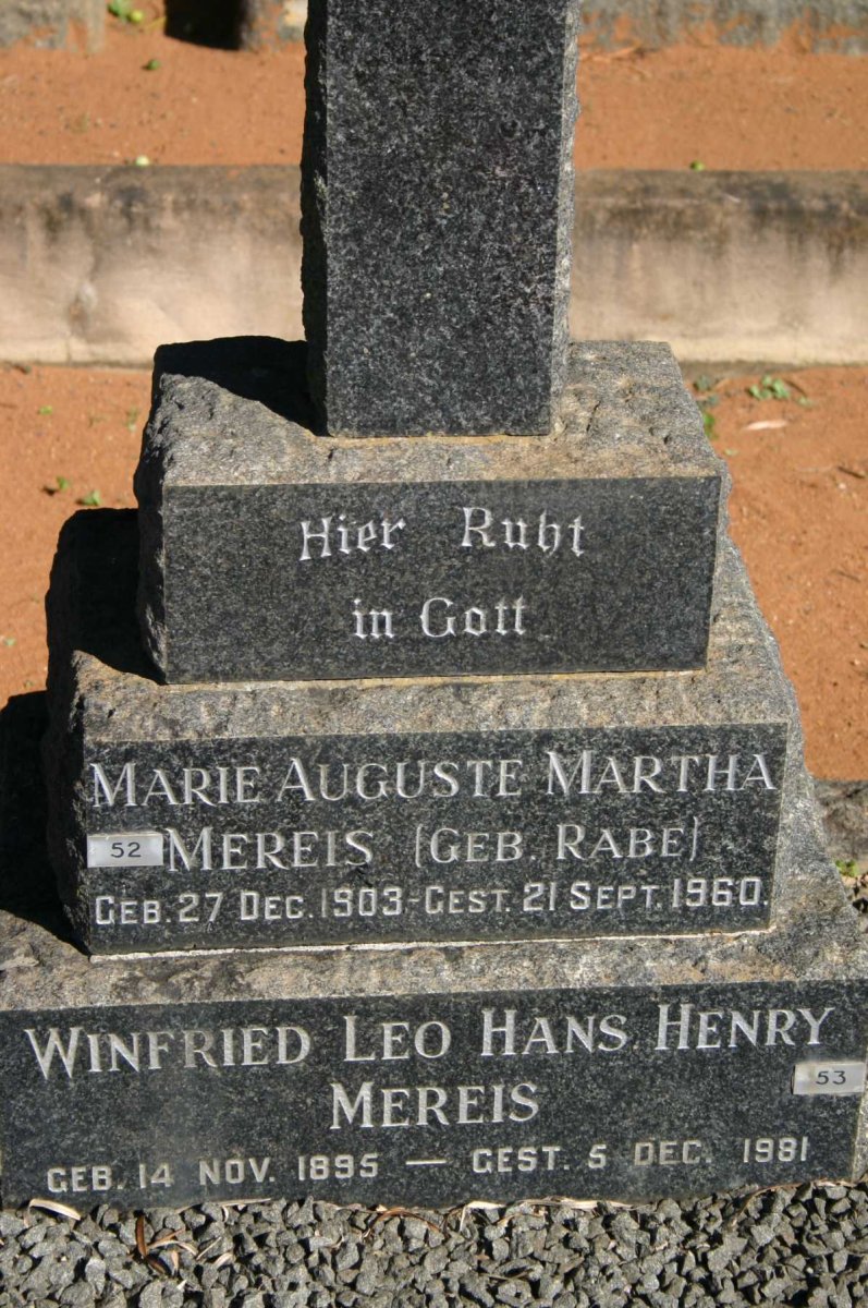 MEREIS Winfried Leo Hans Henry 1895-1981 &amp; Marie Auguste Martha RABE 1903-1960