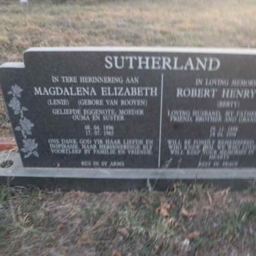 SUTHERLAND Robert Henry Mill & Magdalena Elizabeth VAN ROOYEN