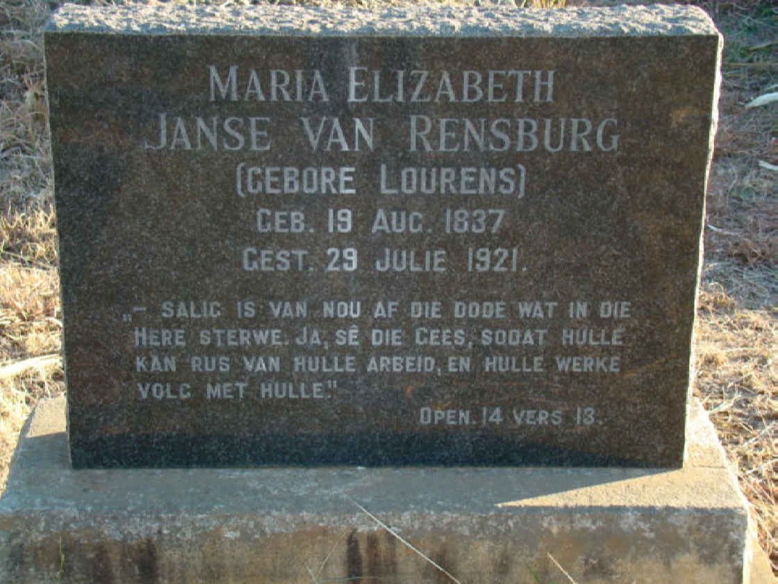 RENSBURG Maria Elizabeth, Janse van nee LOURENS 1837-1921