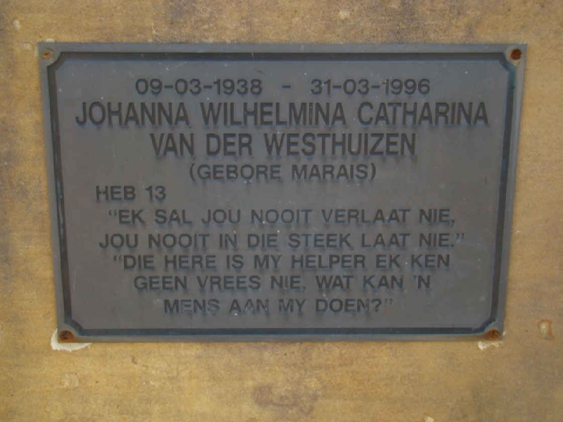 WESTHUIZEN Johanna Wilhelmina Catharina, van der nee MARAIS 1938-1996