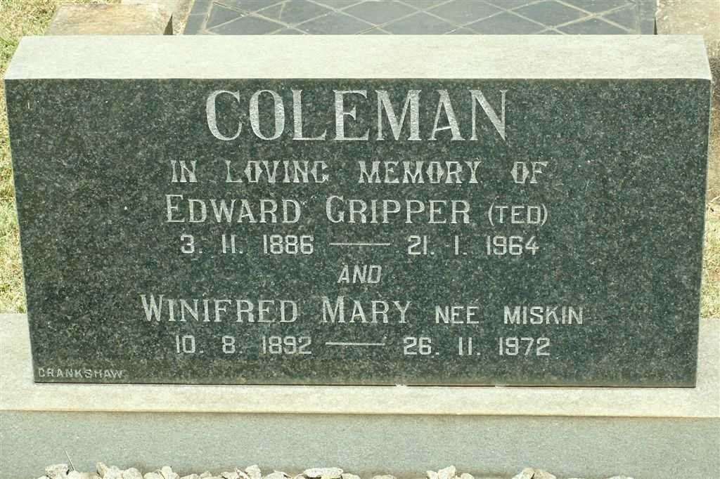 COLEMAN Edward Gripper 1886-1964 &amp; Winifred Mary MISKEN 1892-1972