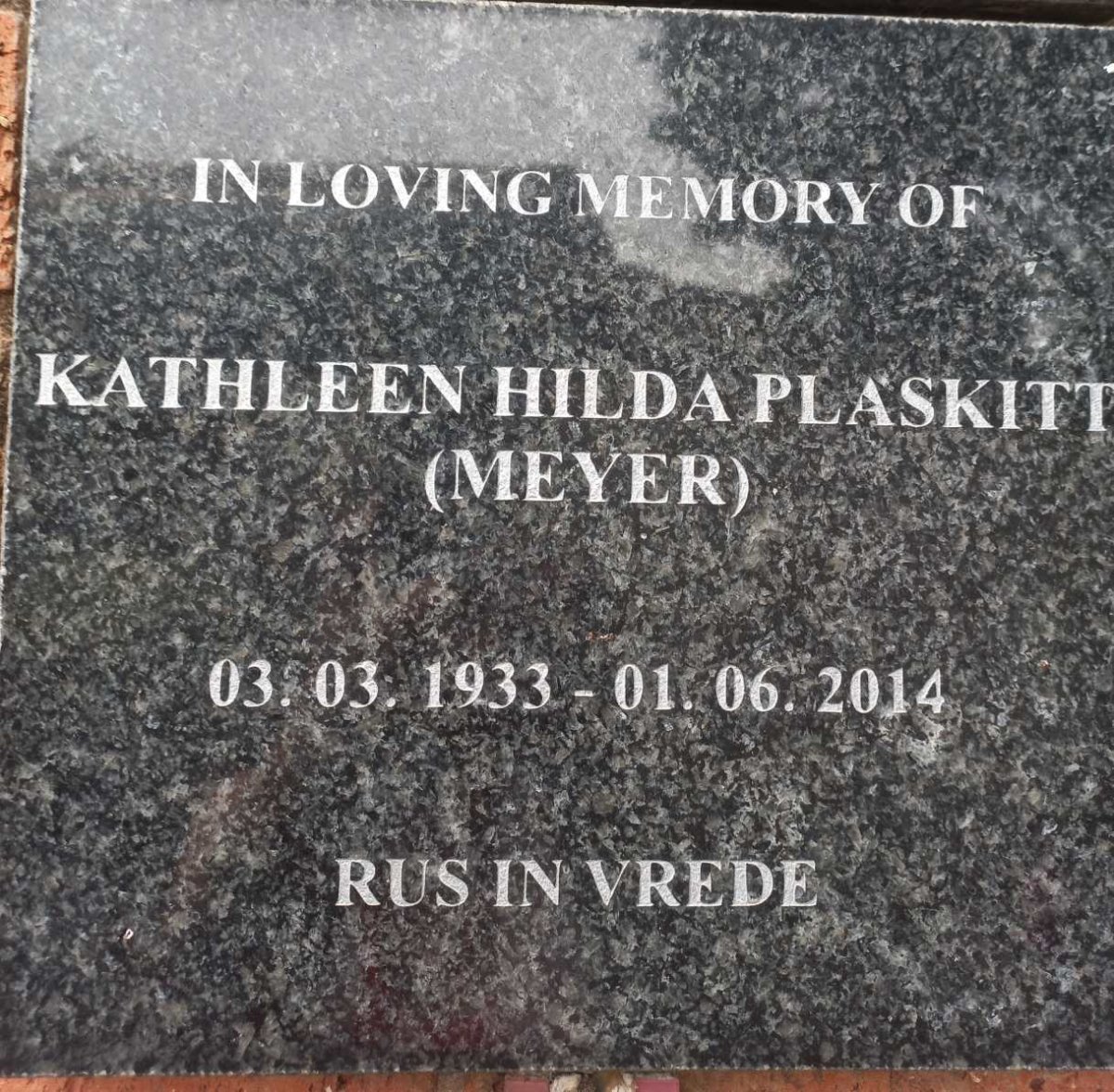 PLASKITT Kathleen Hilda nee MEYER 1933-2014
